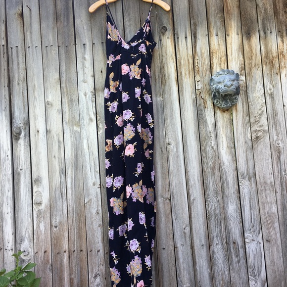 NWT Roe + May Ava Maxi Dress Half Moon Floral Rayon Navy Blue Pink XS - Picture 7 of 10